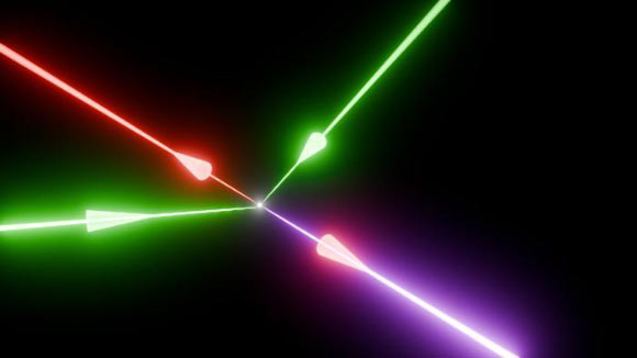 Illustration of photon-photon scattering in the laboratory: two green petawatt lasers beams collide at the focus with a third red beam to polarise the quantum vacuum; this allows a fourth blue laser beam to be generated, with a unique direction and color, which conserves momentum and energy. Image credit: Zixin (Lily) Zhang.