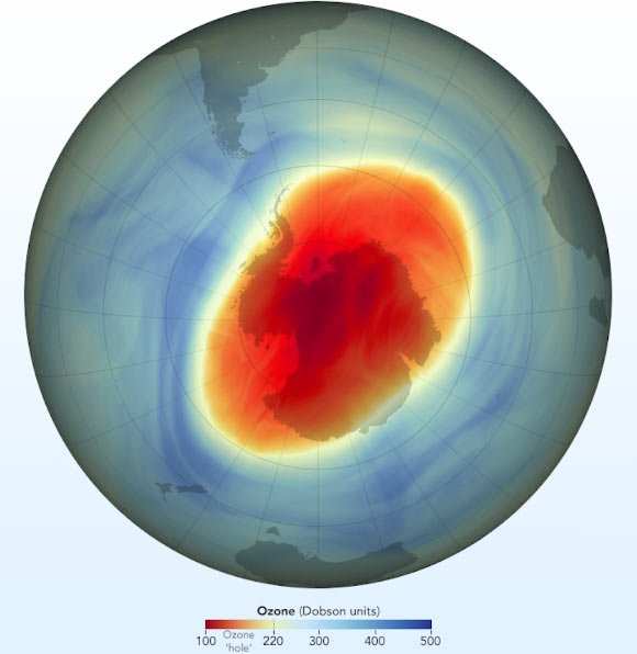 This map shows the size and shape of the ozone hole over the South Pole on October 5, 2022, when it reached its single-day maximum extent for the year. Image credit: Joshua Stevens / NASA’s Earth Observatory.