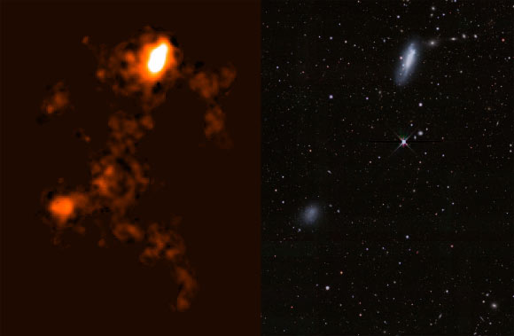 Radio (left) and optical (right) images of NGC 4532 / DDO 137. Image credit: ICRAR / D. Lang, Perimeter Institute.