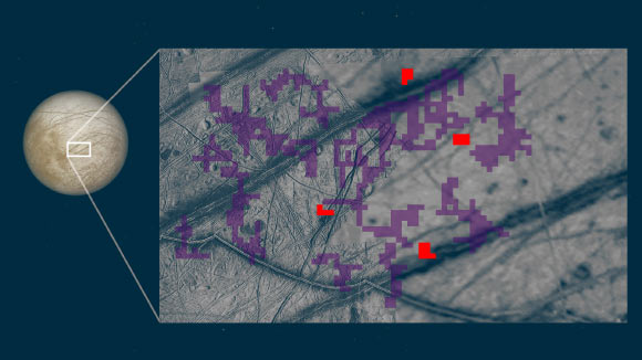 In this composite image, red pixels mark locations on Europa’s surface where ammonia-bearing compounds were detected; purple indicates no such detection. Image credit: NASA / JPL-Caltech.