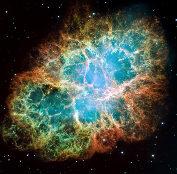 This is a mosaic image, one of the largest ever taken by Hubble of the Crab Nebula, a 6-light-year-wide expanding remnant of a star’s supernova explosion. Japanese and Chinese astronomers recorded this violent event nearly 1,000 years ago in 1054, as did, almost certainly, Native Americans. Image credit: NASA / ESA / J. Hester / A. Loll, Arizona State University.