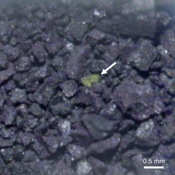Un grain riche en carbonate dans l’échantillon de matière provenant de l’astéroïde géocroiseur Ryugu. Crédit image : Pilorget et al., doi : 10.1038/s41550-021-01549-z.