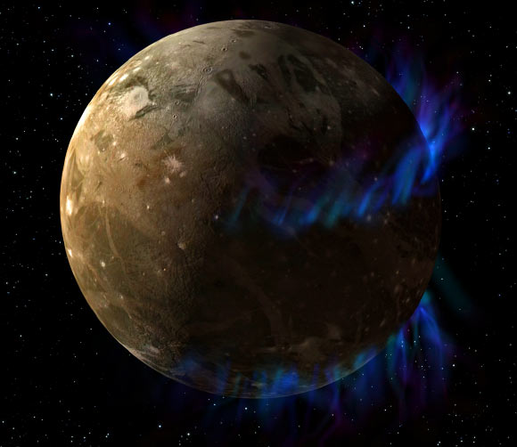 An artist’s concept of aurorae on Jupiter’s moon Ganymede. Image credit: NASA / ESA / G. Bacon, STScI / J. Saur, University of Cologne.