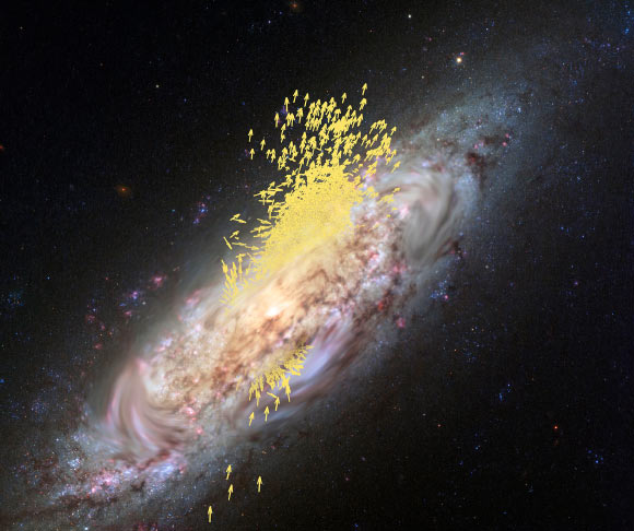 Using supercomputer simulations of galaxies like the Milky Way, Batrakov et al. found that galaxies with slowly rotating stellar haloes are more likely to have experienced a major ‘disk flip,’ where our Galaxy’s disk changed its orientation by more than 90 degrees. Image credit: Batrakov et al.