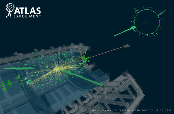 Event display of a candidate Higgs boson decay to a photon and a lepton pair, from proton-proton collisions recorded with the ATLAS detector in 2022. Image credit: ATLAS Collaboration / CERN.